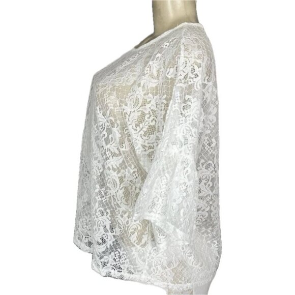 Bobeau L White Crew Neckline Sheer Lace Relaxed Fit 3/4 Bell Sleeve Blouse - Picture 5 of 6
